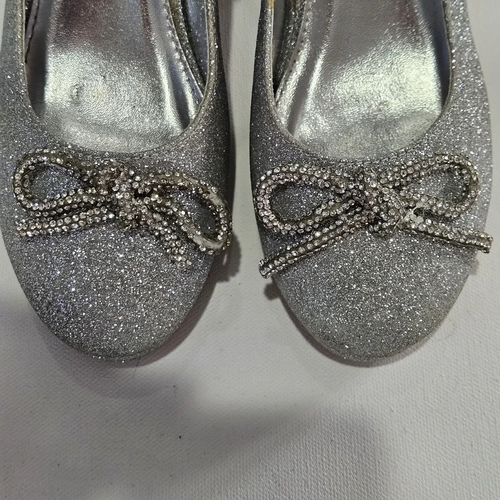 Nina Dress Shoes Girls 2M Silver Glitter Rhinestone Bow Block Heel Special Event